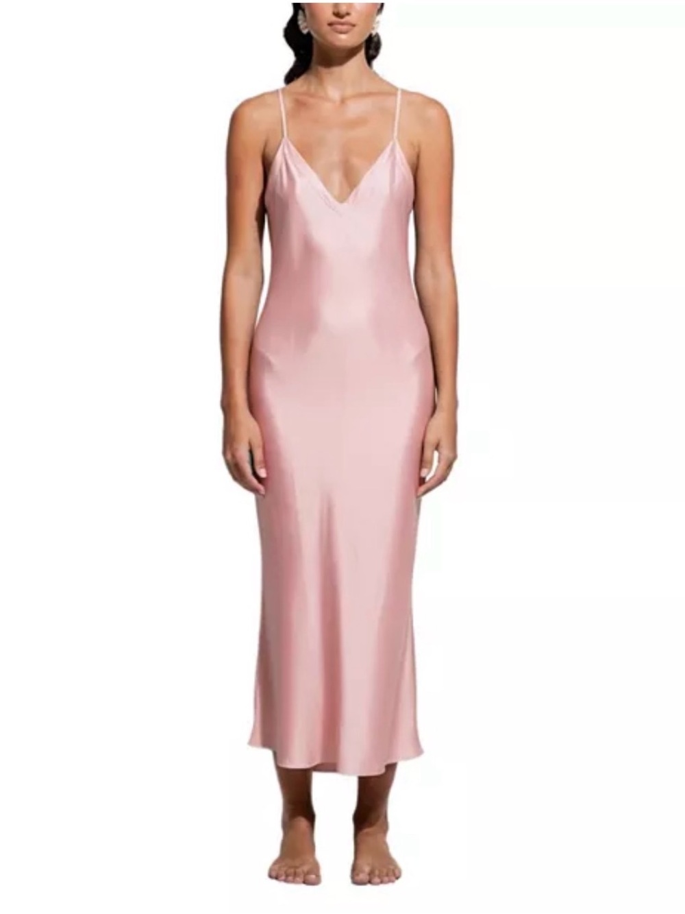 Women’s Ginia Silver Pink 100% Silk Long Nite V Neck Size SNew Without Tags